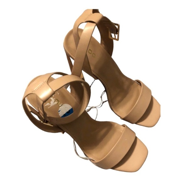 Aldo tan open toe stacked gold mirrored wooden platform heels size 10‎ brand new - Picture 7 of 14